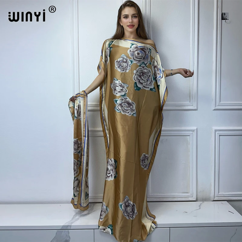 

Summer WINYI abaya dubai luxury african Print Crew Neck Long Sleeve Kaftan Dress, Elegant Maxi Length Dress, Women's Clothing