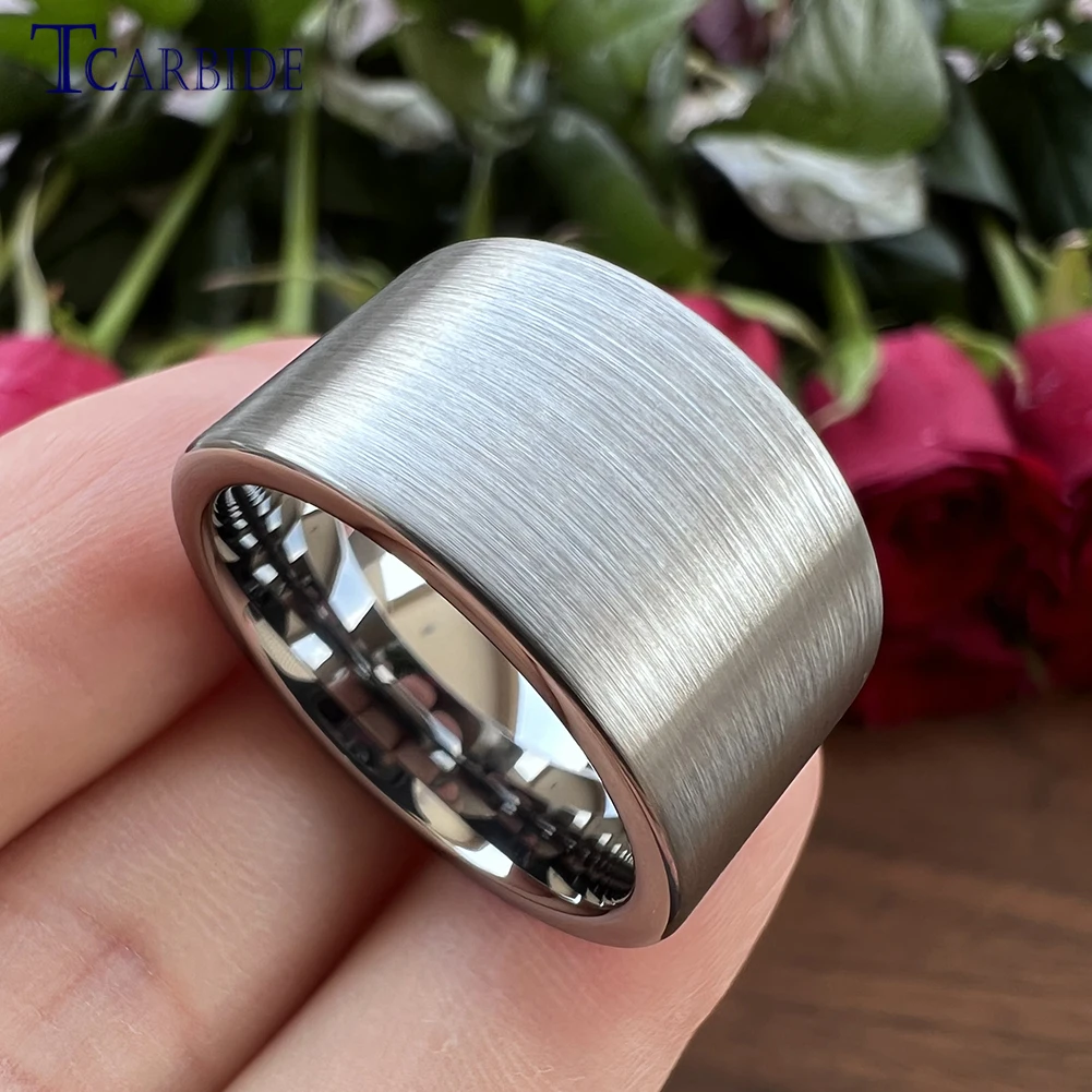 12MM Big Men Black Tungsten Carbide Finger Ring Flat Band Brush Finish Wedding Gift Jewelry Comfort Fit