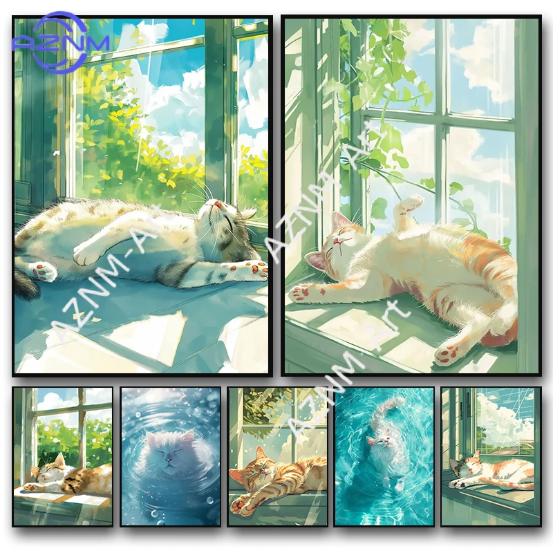 Lazy Cat Cartoon Poster and Print Canvas Painting Cat Sleeping on Windowsill Wall Art Picture for Living Room Home Decoration