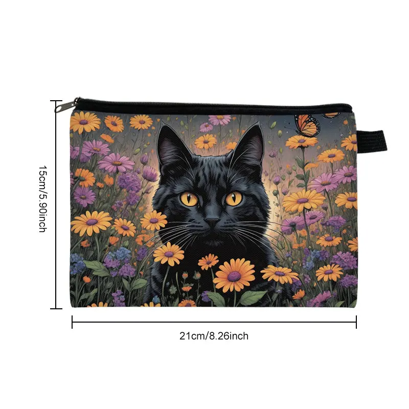 Estuche de cosméticos con estampado de gatito Kawaii para mujer, organizador de maquillaje, bolsa de almacenamiento de servilletas, bolsa de artículos de tocador para mujer, mariposa, flores, gato