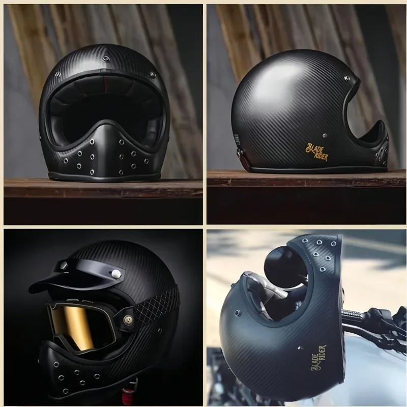 Unisex  Retro Cafe Racer Full Face Motorcycle Helmet, Carbon Fiber Shell with Pointed Beak Visor,carbon fiber multicolored