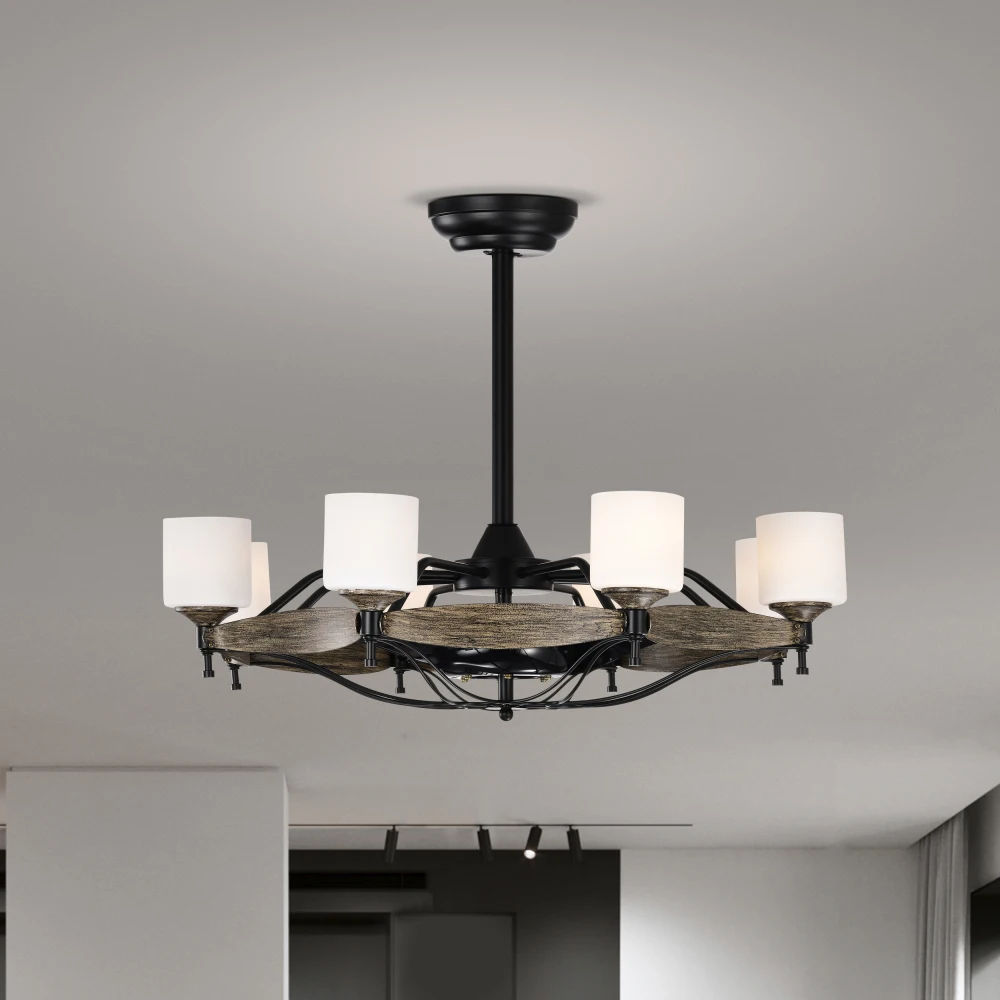 Dia 33 Inch Chandelier Ceiling Fan for Bedroom Dining Room Living Room Kitchen Farmhouse Entry,Matte Black+  Wood Grain