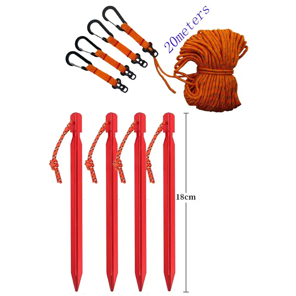 20M Tent Rope Set w/ 4PCS 18cm Aluminum Alloy Stakes Hooks Camping Canopy Windproof Guy Lines Kit for Tent TarpSun Shade Shelter