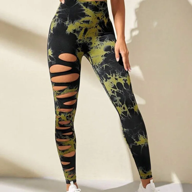 Beauty And Comfort Coexist: Fashionable Seamless Tie Dye Ripped Hollow Yoga Pants That Look Slim And Versatile