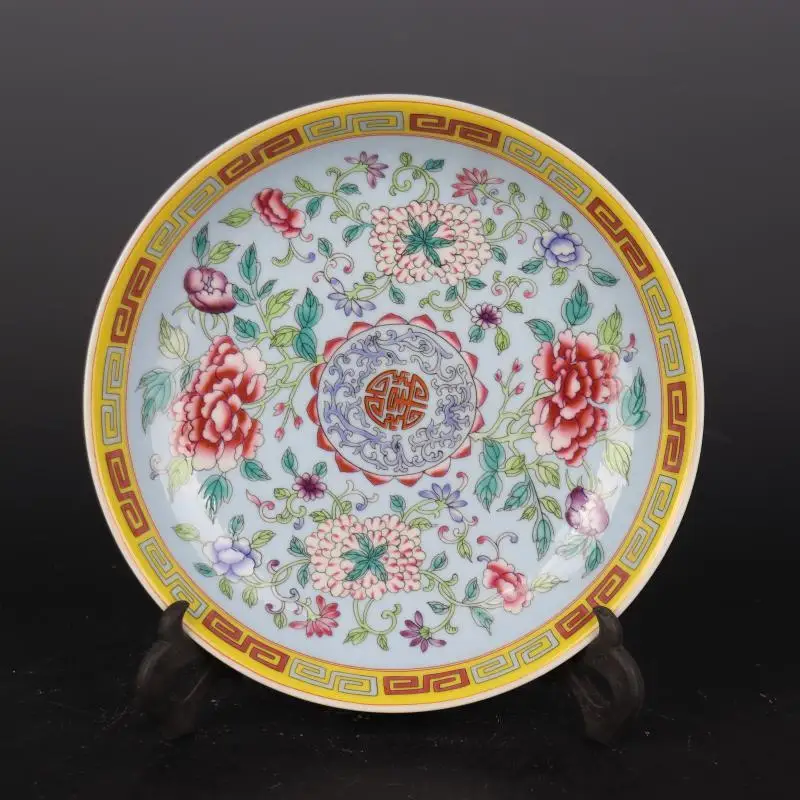 7.9" Collection China Qing Famille Rose Porcelain Peony Flower Branch Plate decoration craft