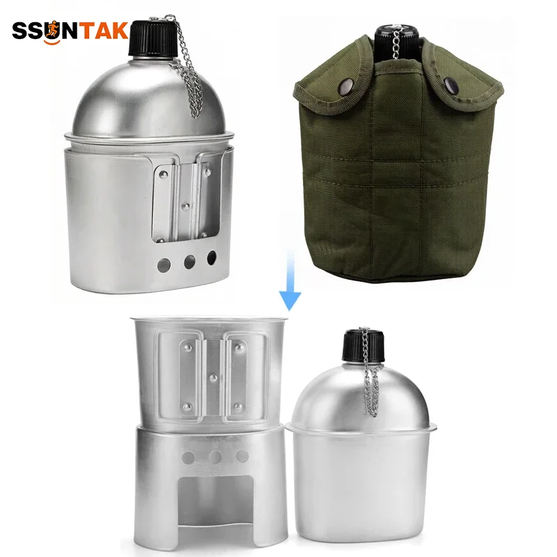

SSUNTAK Aluminum Portable Outdoor Water Bottle Canteen Cup Stove Kit with Handle Pouch for Camping Hiking Survival Backpacking
