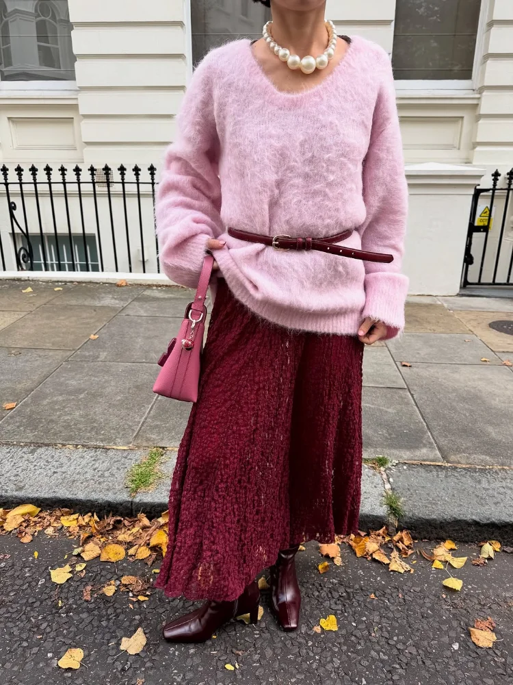 

Розовый женский вязаный кардиган с v-образным вырезом, повседневный элегантный модный свитер с длинными рукавами, плюшевый 2021, женский зимний повседневный трикотаж для поездок на работу