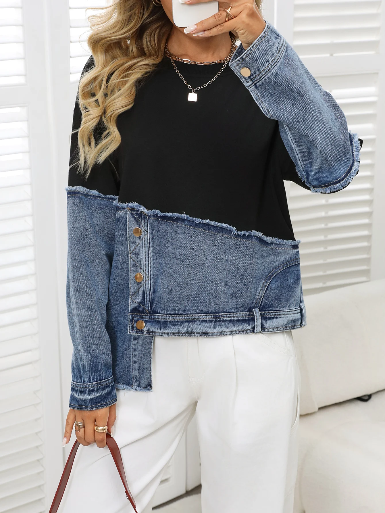 

Толстовка лоскутная джинсовая куртка на весну и осень Женская элегантная