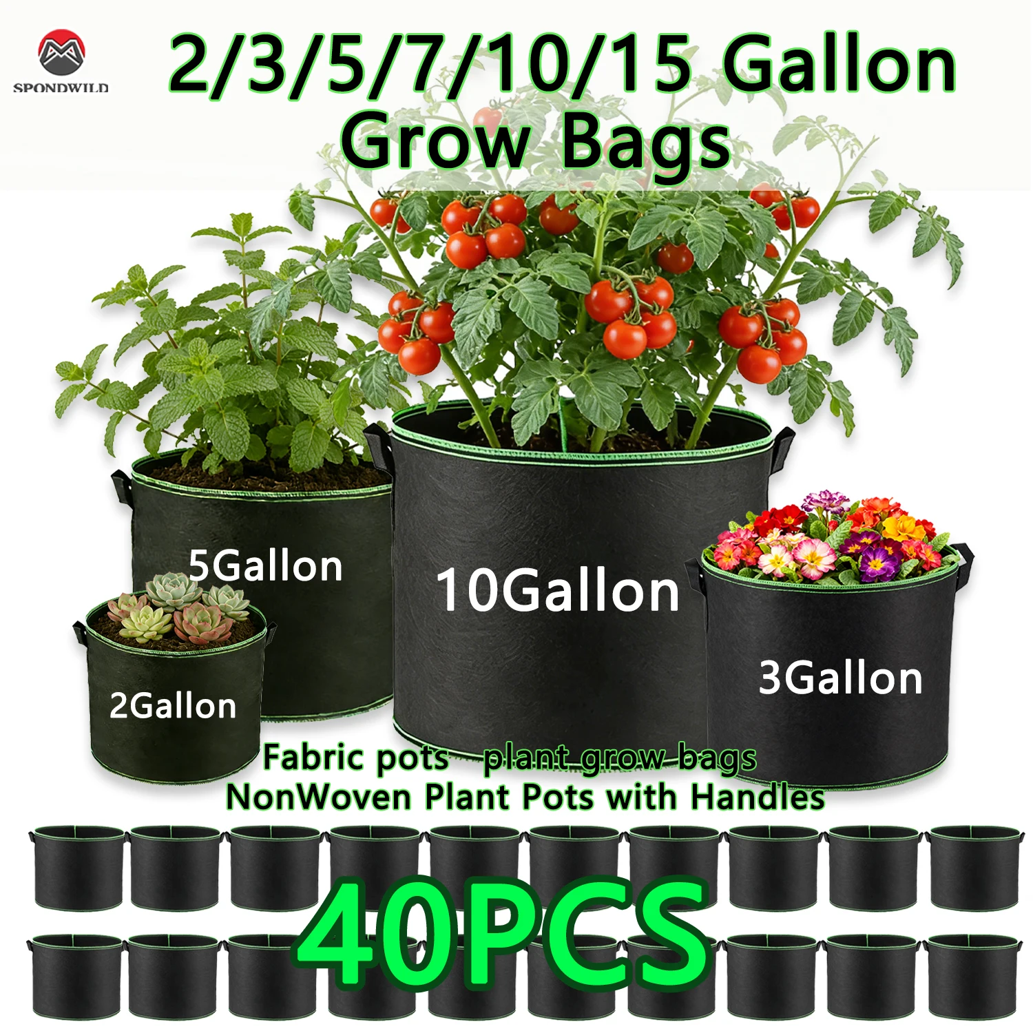 SPONDWILD Grow Bags with Handles 5/7/10/100 Gallon Fabric Pots for Tomato Potato Vegetable Tree Planting