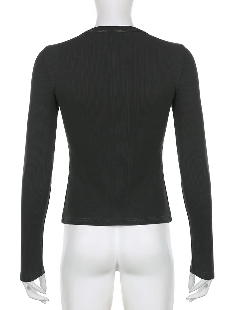 Vintage Y2K Remove Collar Rib Slim Fit Top T-shirt Aesthetic Button Vintage Sloppy Dress Solid Casual 90s Slim Fit Women's Shirt