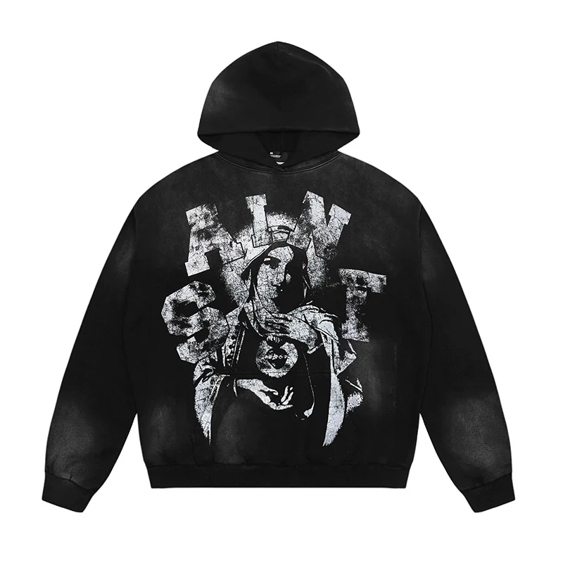 Men Woman Black Vintage Washed SAINT Hoodies Autumn And Winter Coat Portrait Printing Casual Pullover Sweatshirts