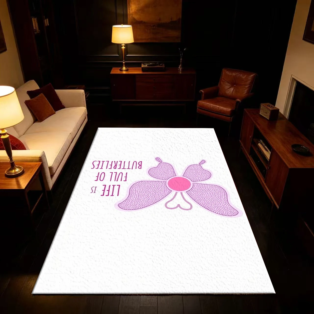 Purple Butterfly Letter Pattern Carpet, Inspirational Art Print Carpet, Suitable for Bedroom Salon Decoration