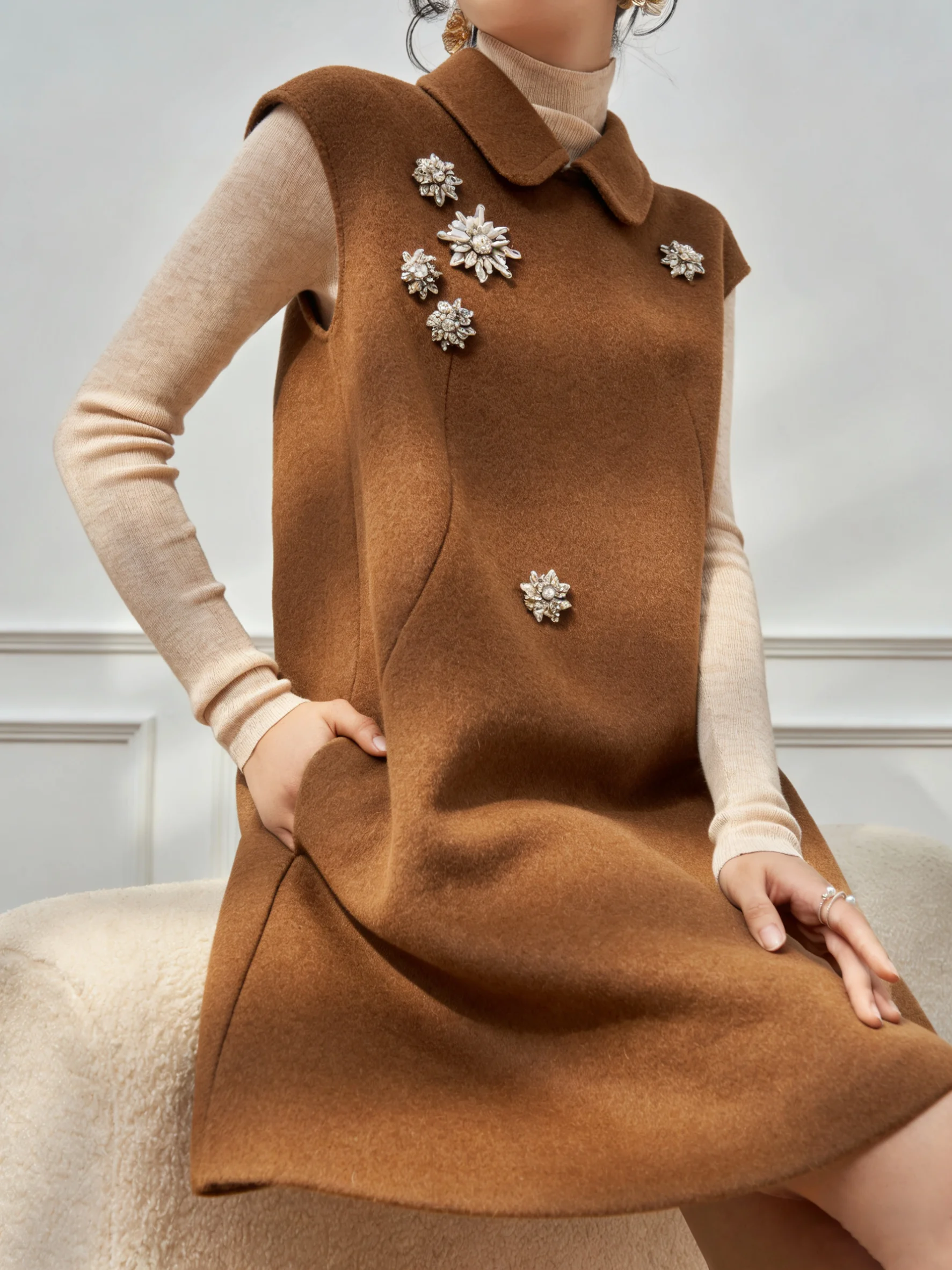 

Fall Winter Ele Beige Doll Collar High Waist Knitted Vest Dr Women's Faion 2025 New Sle Casual H-Sle Dr