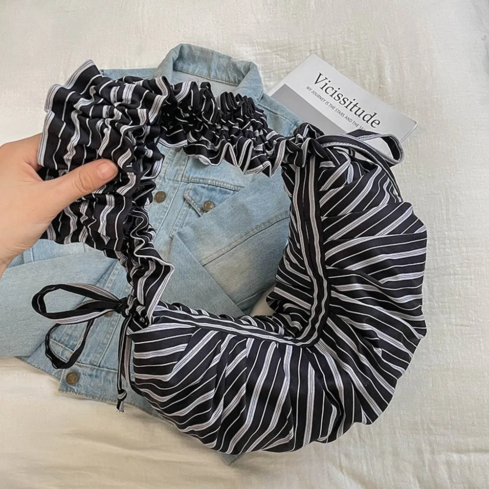 

Korean Style Drawstring Shoulder Bag Lightweight Dumpling Bag Stripe Pleated Bag Large Capacity Ballet Style Lace Crossbody Bag