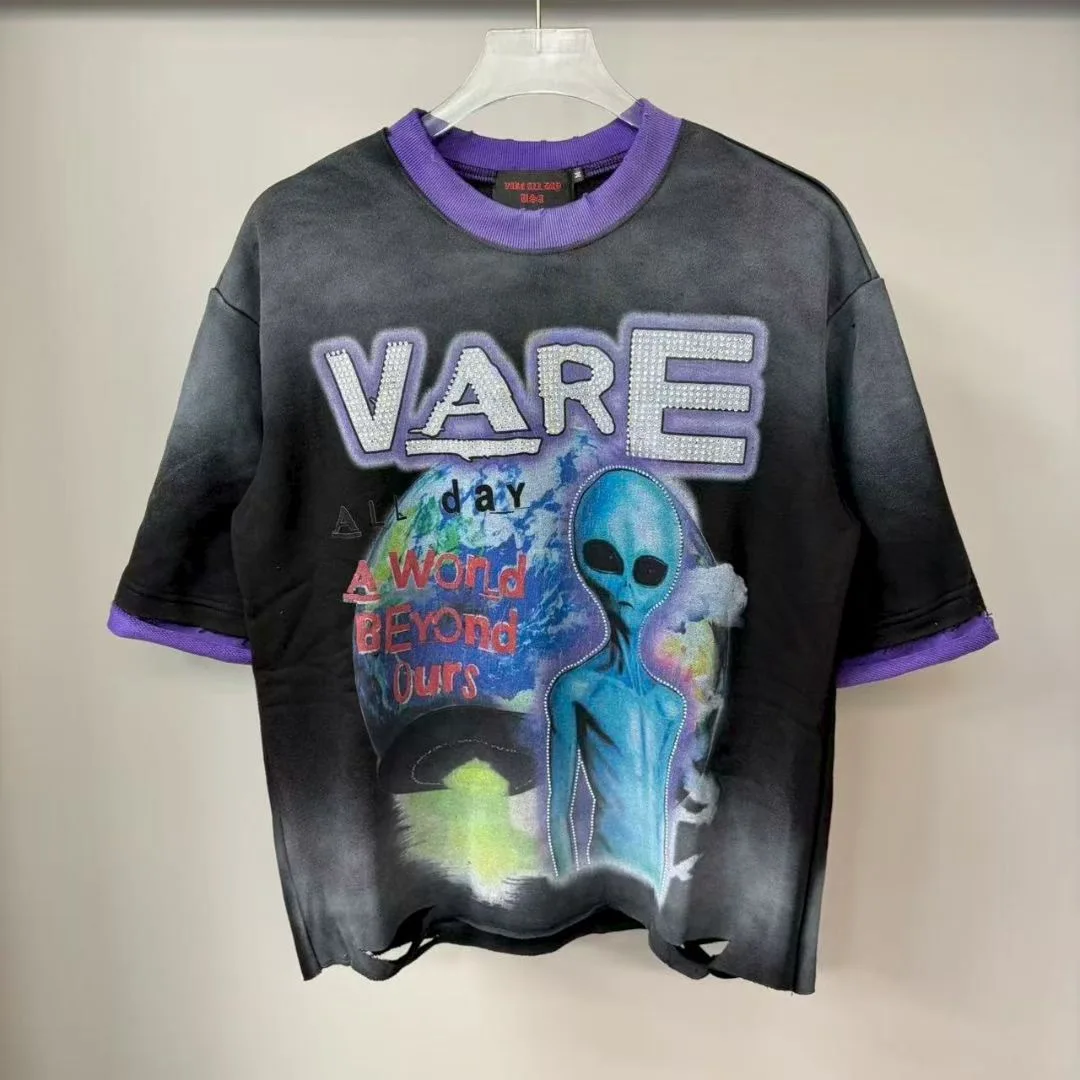 VARE ALL DAY Colorful Patchwork Beaded Letter Print Loose Washed Vintage Hole Short-Sleeved T-Shirt
