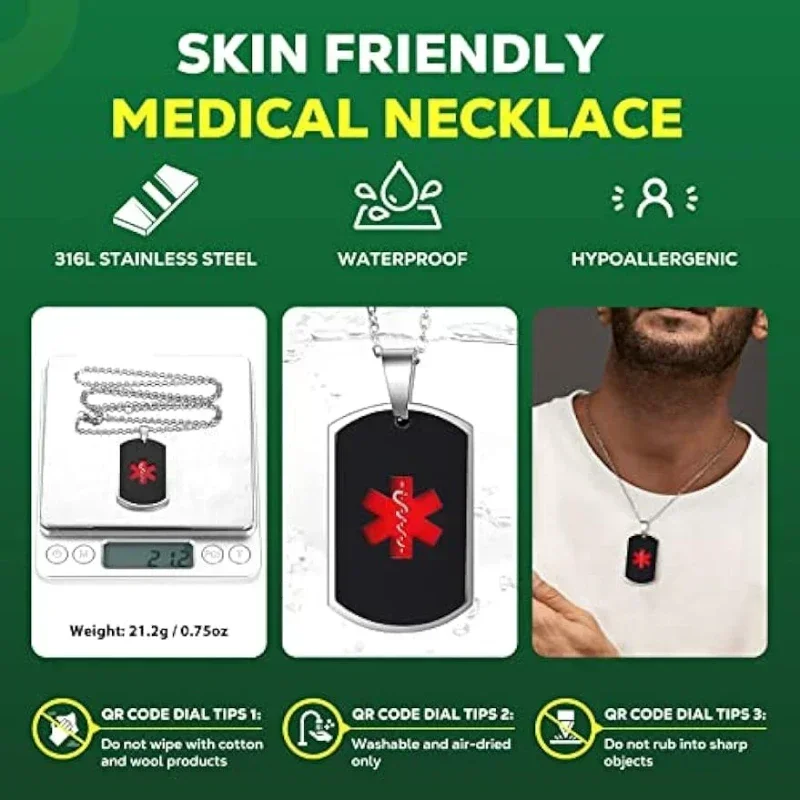 Stainless Steel Medical Alarm ID Necklace Free Carved QR Code Men\'s and Women\'s Identity Tags Emergency Rescue Pendant Jewelry