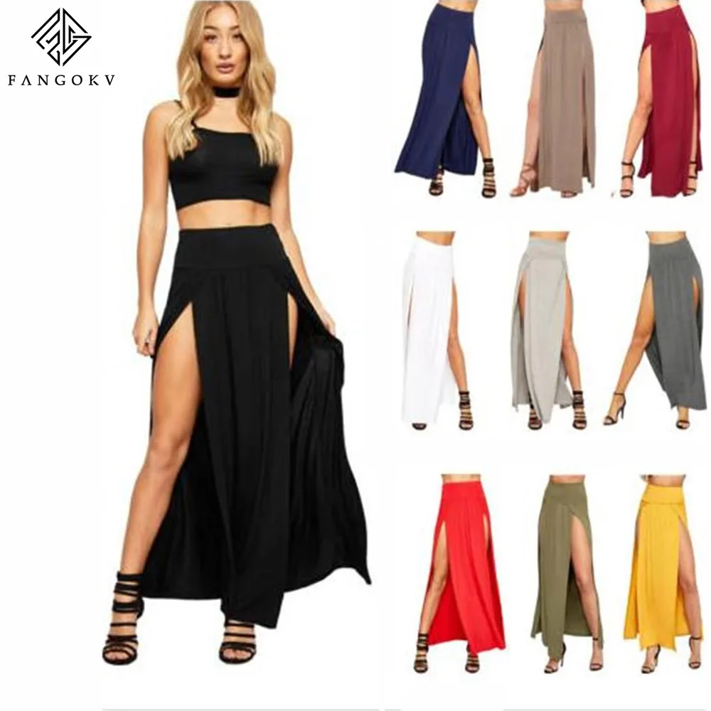 2022 New Arrival High Waisted Sexy Womens Double Slits Summer Solid Long Maxi Skirt Wholesale 51 Valentine\'s Day Gifts