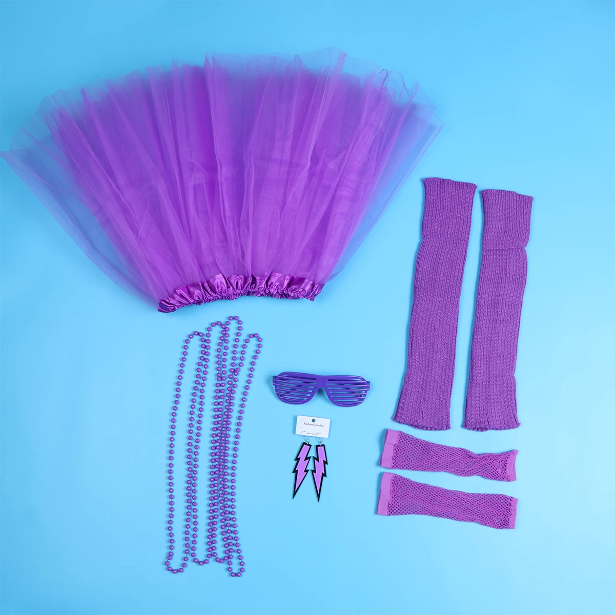 

Tutu Skirt Neon Necklace Fishnet Gloves Earrings Women Purple 80s Party Fancy Dress Retro Costume Disco Accessories One Size