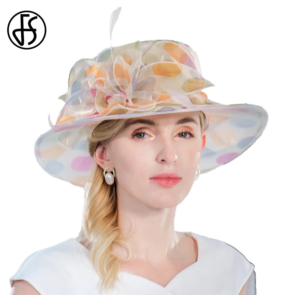 FS Summer Organza Visor Hats For Women Elegant Chic Feather Wedding Kentucky Cap Lady Vintage Church Color Dots Sombreros 2024