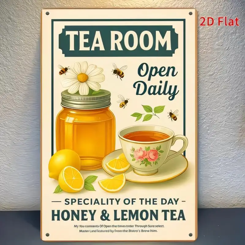 2D Flat Tea Room Honey & Lemon Tea Vintage Metal Tin Sign - Retro Wall Art with Honey Jar, Lemon, Teacup & Bee, Iron Material, P