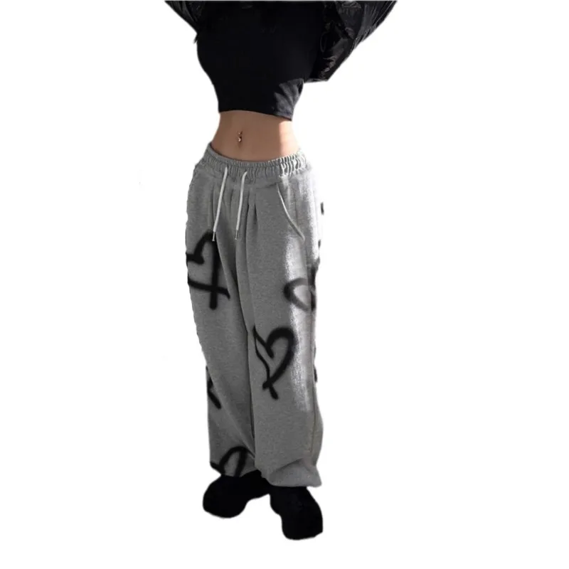 2025 All-match Wide Legs Sweatpants Woman Pants Printed Love Y2k Clothing Drawstring Elastic Waist Simple Style Sports Commuting