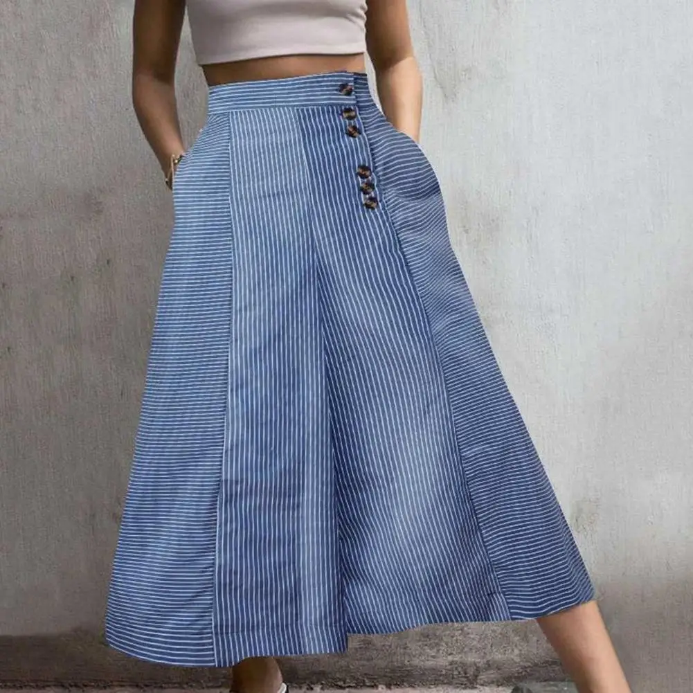 

High Waist Loose Fit Pants Striped Wide Leg Summer Pants for Women High Waist Trousers with Pockets Elastic for Everyday