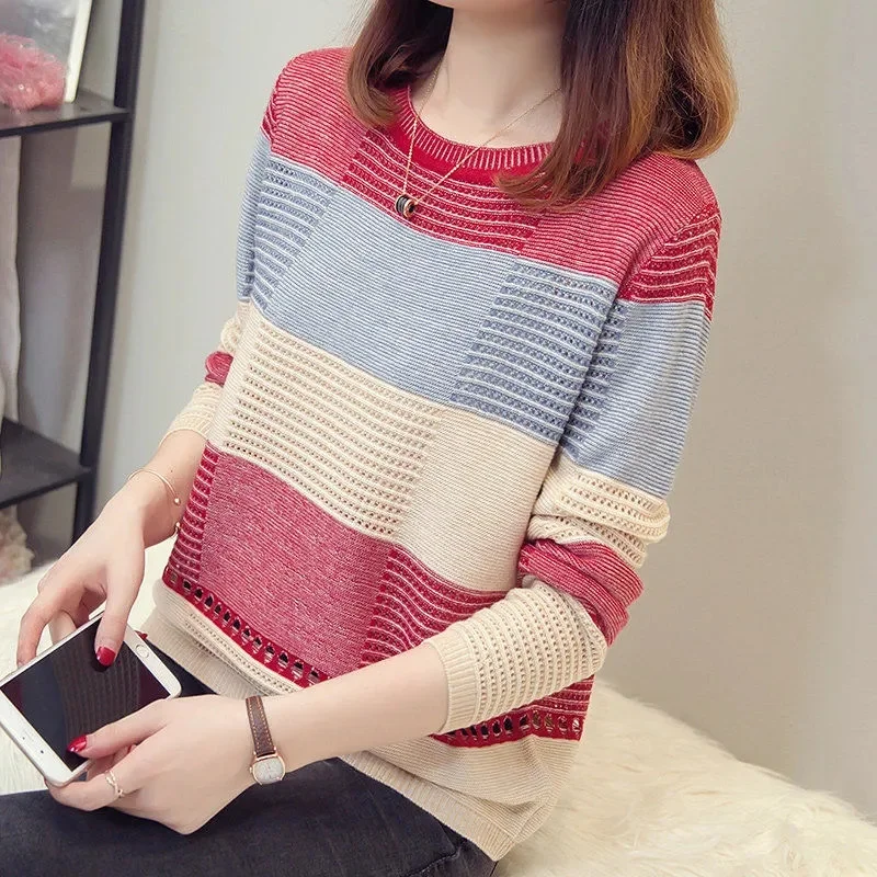 2023 New Sweater Women Purple Striped Stripes Pullover Thin Knitting Korean Version Loose Hook Hollow Jumper Casual Top