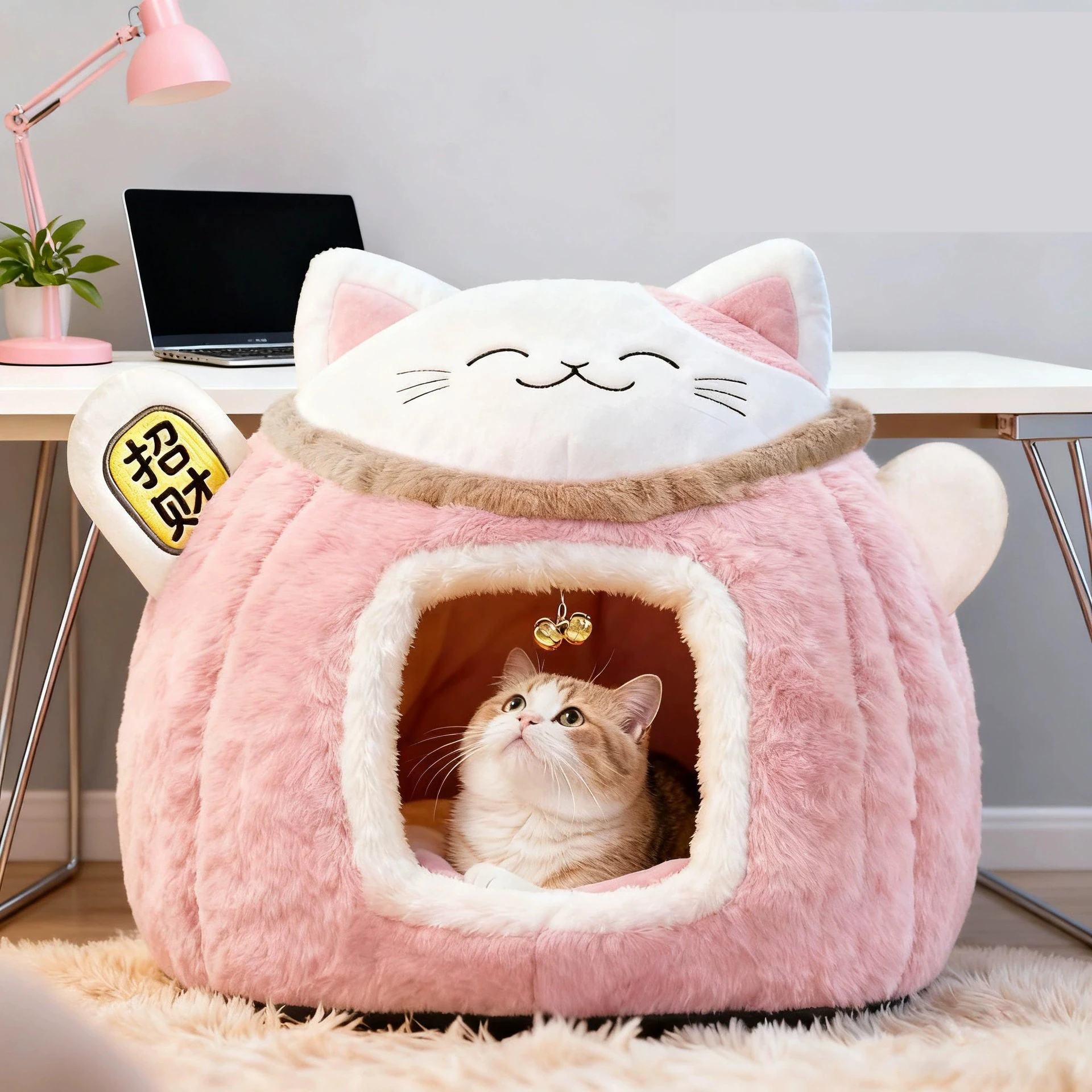 

Winter Insulated Enclosed Flocked Round Pet Bed for Cats and Dogs Fashion Cat Nest Wholesale Cartoon Cat Bed