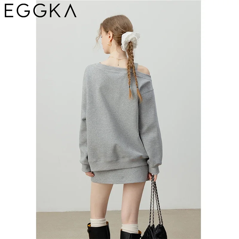 EGGKA Loose Solid Long-sleeved Strapless Sweatshirts Women's Drawstring Sport Mini Skirt Korean Fashion Autumn Casual Suit Gray