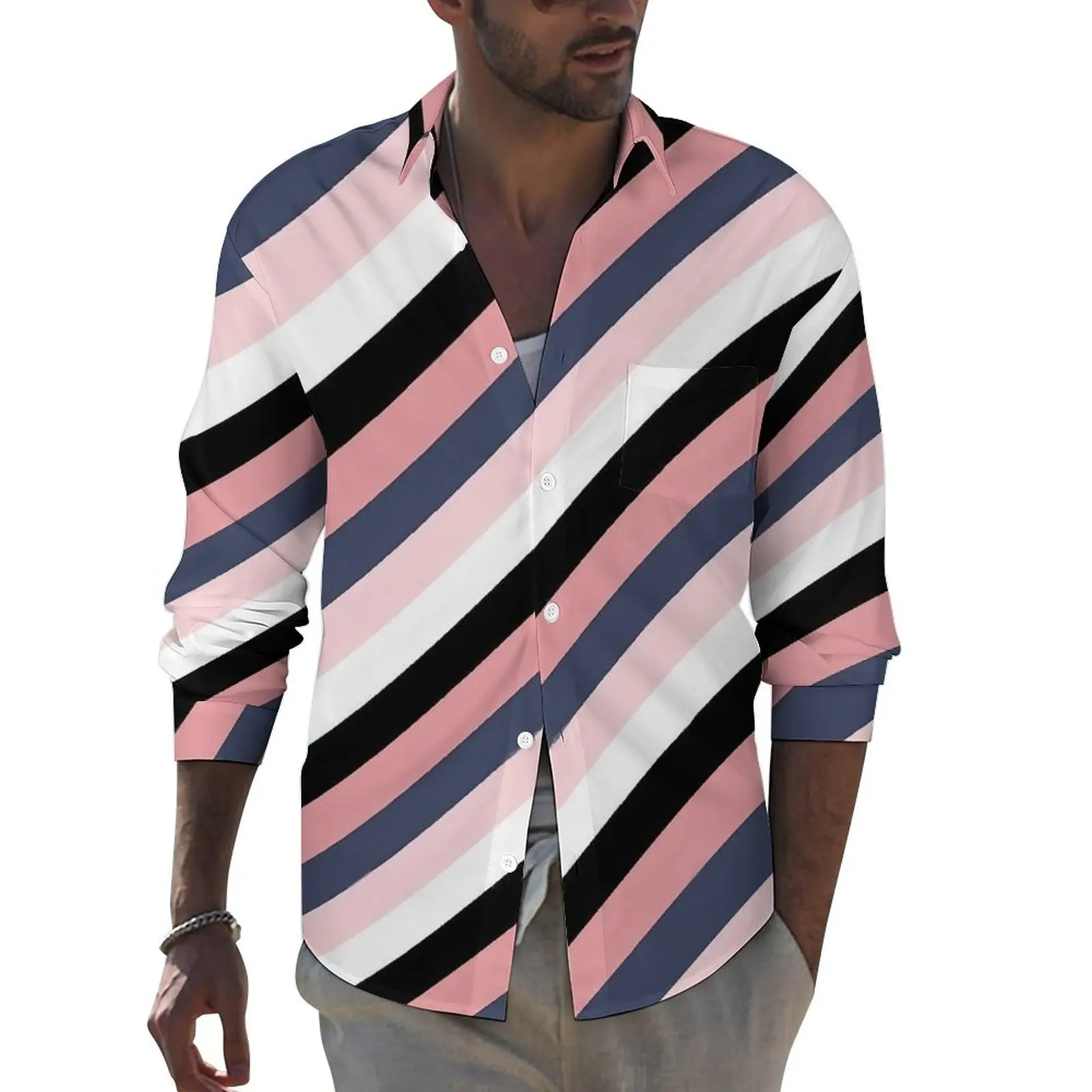 

Colorblock Shirt Autumn Multicolor Waves Casual Shirts Male Trending Blouses Long Sleeve Graphic Street Clothing Plus Size