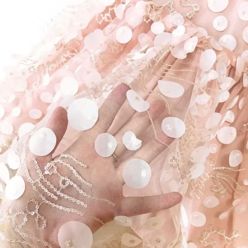1 Yard 3D Pink Chiffon Round flower Embroidered Lace Fabric Floral Tulle Fabric For Girl Dress  Dress Wedding Dress Bridal Veil
