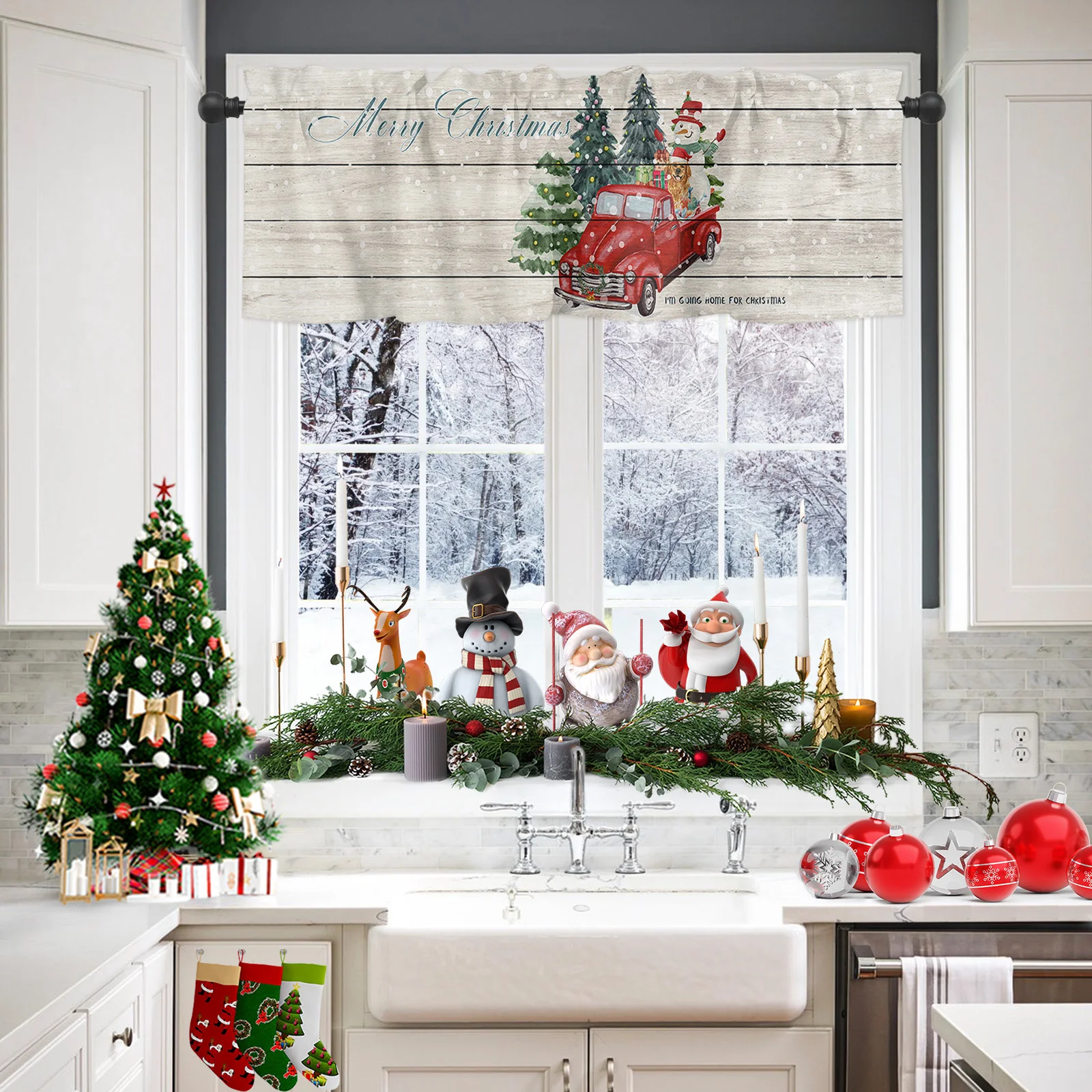 ZEDLIYU Valances for Windows Kitchen Living Room Small Window Valance Red Retro Truck Car with Snowflake Xmas Tree 1 Panel