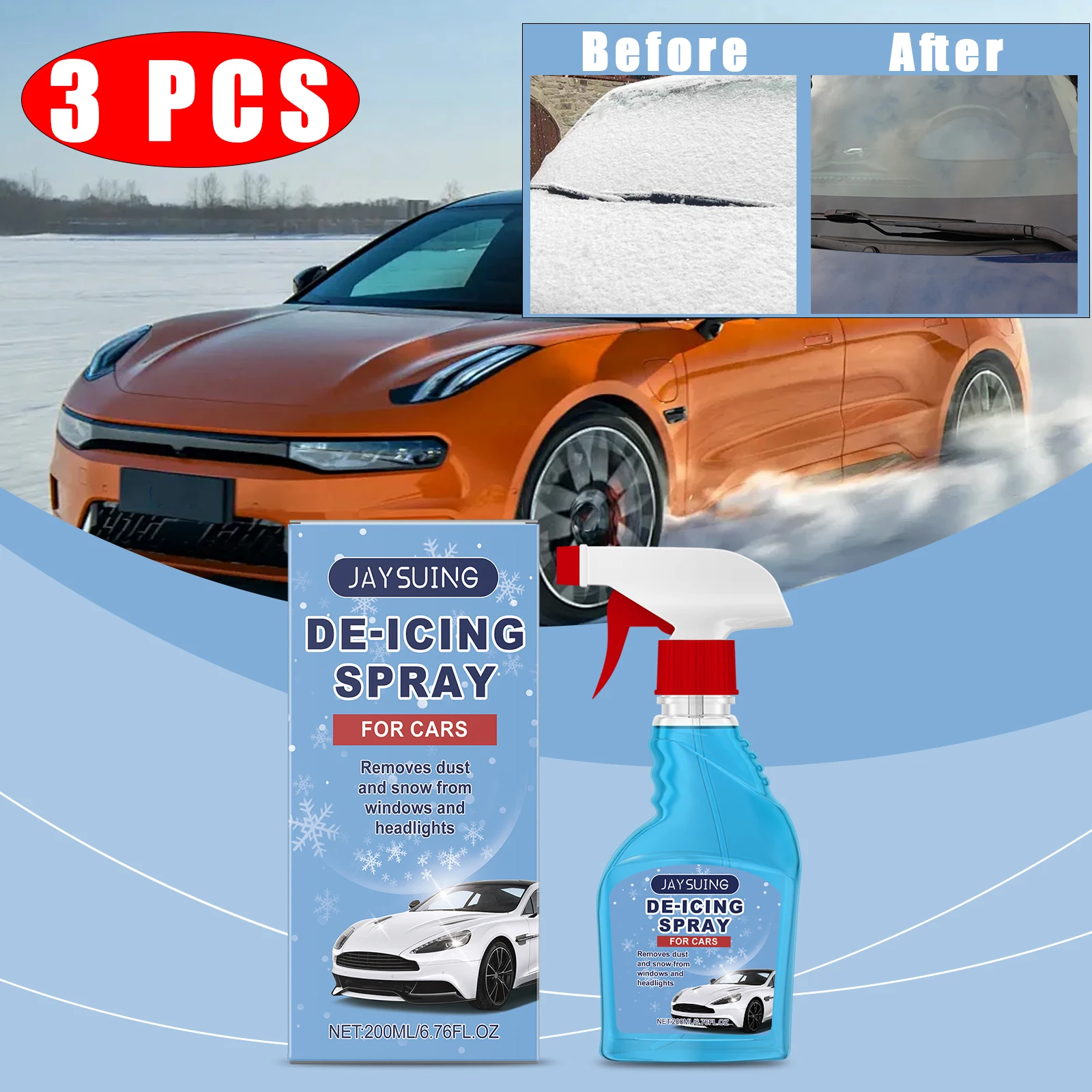 3pcs Car Window Glass Deicing Fast Ice Melting Spray Road Anti Slip Defrosting Anti Frost Spray for Car Windshield Window Mirror