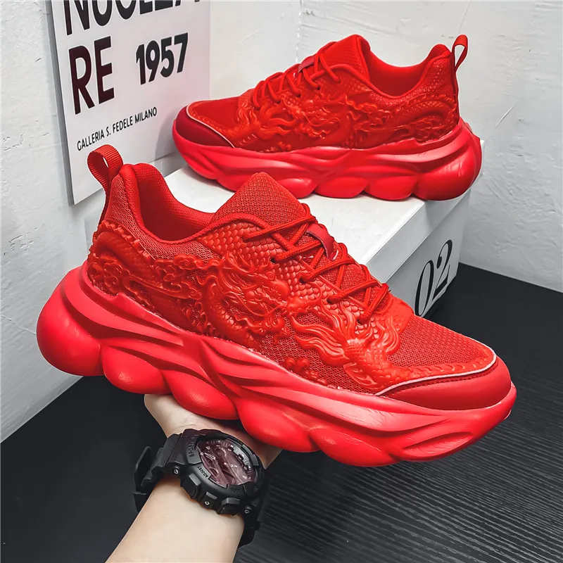 Brand China Dragon Casual Sneakers Men High-quality Red Running Shoes Design Print Mens Platform Sneakers Mesh Breathable Shoes