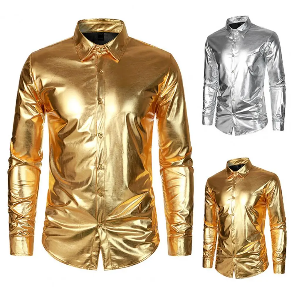 Camisa ajustada de satén para hombre, camisa de rendimiento con superficie brillante, cuello vuelto para Club, fiesta, espectáculo de escenario, mangas largas