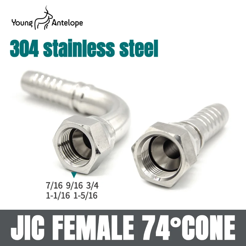 304 Stainless Steel Crimp Fitting JIC Female Thread 74 Degree Cone Hose Adapter Elbow Hose Lock Nut 26711 UNF Thread