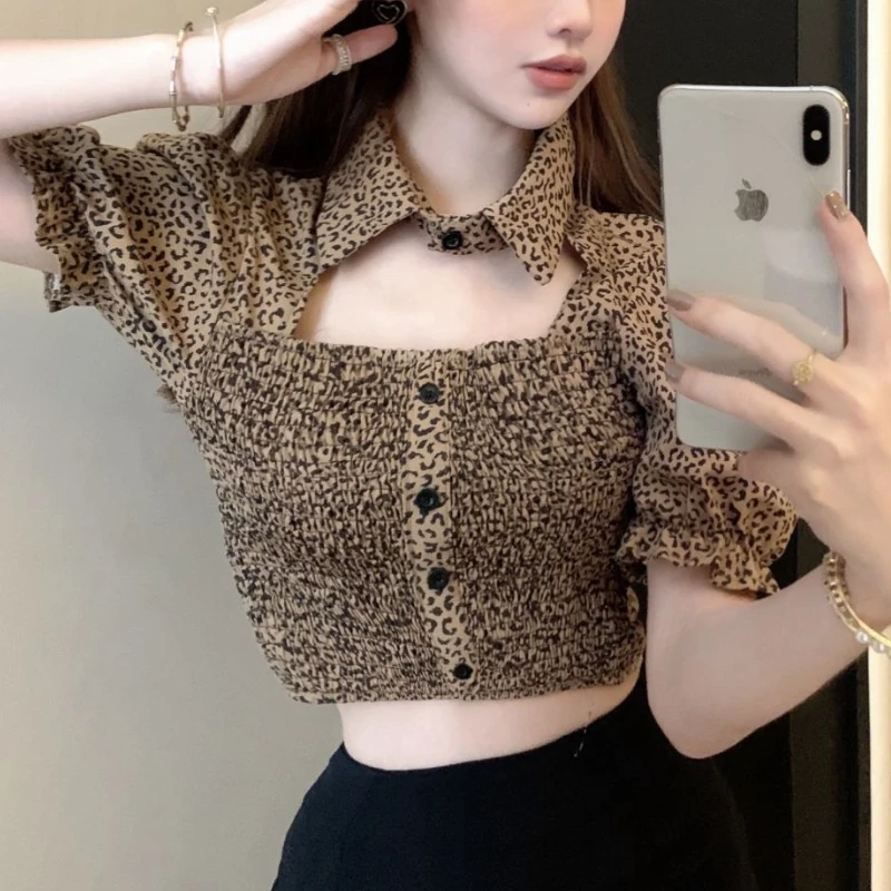 Leopard Shirts Women Hollow Out Aesthetic Puff Sleeve Sexy Vintage Summer Lady Minority Casual Streetwear All-match Daily Mujer