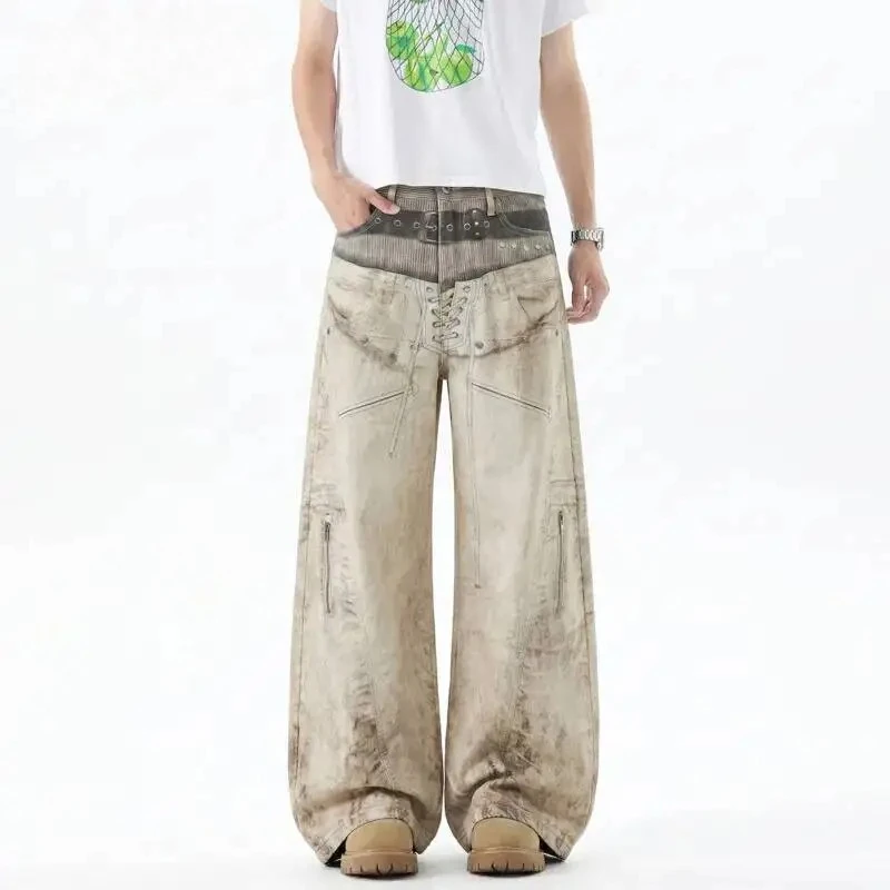 

Integrated Belt 3D Printed Waistband Strap Men's Wide Leg Jeans Loose Straight Leg Design Casual New Denim Pants 9X3655