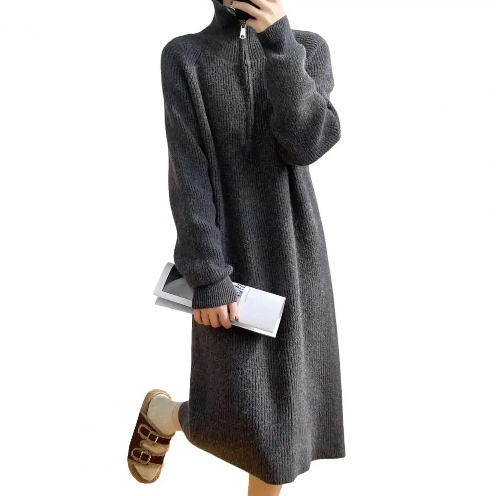 Winter Sweater Dress Zippered Turn-down Collar Long Sleeves Loose Knitted Pure Color Striped Texture Midi Dress