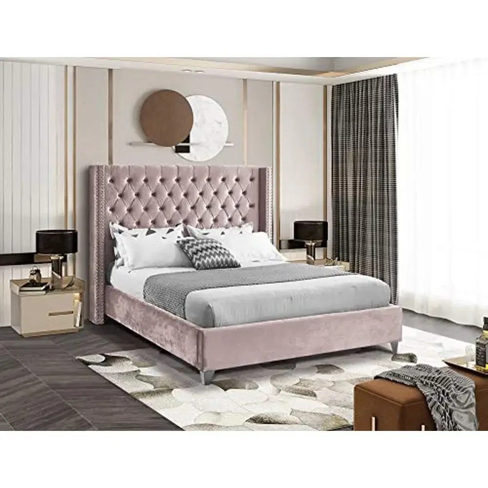 Aiden Collection Modern Velvet Upholstered Bed Wing Design Tufted Pink Chrome Full Size Solid Wood Frame Steel Legs 550lbs