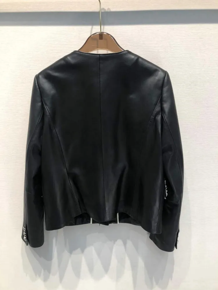 Office Lady Elegant Genuine Leather Jacket Bead Shiny O-Neck Single Breasted Real Sheepskin Long Sleeve Coat Classy Outerwear