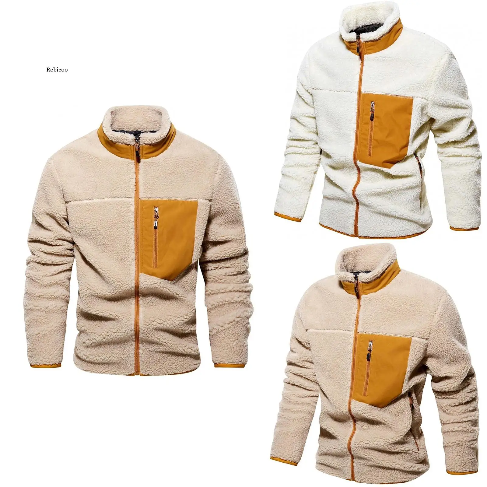 

Men's Plush Fleece Autumn Winter Keep Warm Wool Pocket Coat 2021 Fashion Tops Jumper Outwear Sweatshirt Cotton Jacket Coat Male