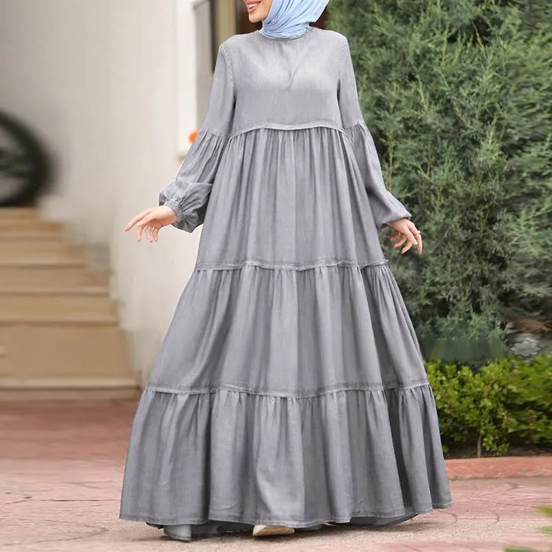 Women Sundress Flounce Long Dress Muslim Abayas for Women Casual Loose O-neck Robe Fashion Patchwork Puffed Sleeve Muslim Dress