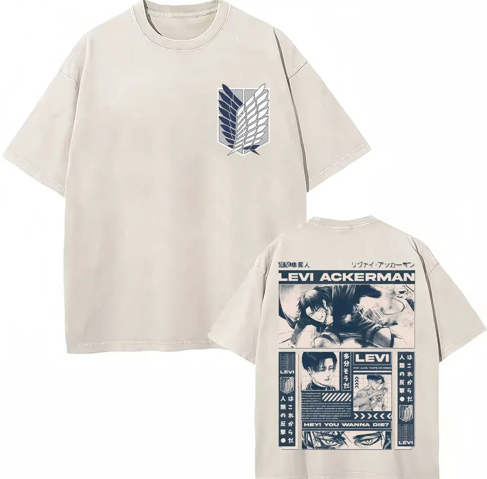 Camiseta Vintage Lavada de Anime Ataque a los Titanes, Camiseta de Levi Ackerman, Manga Harajuku, Camiseta Informal de Algodón para Hombre y Mujer