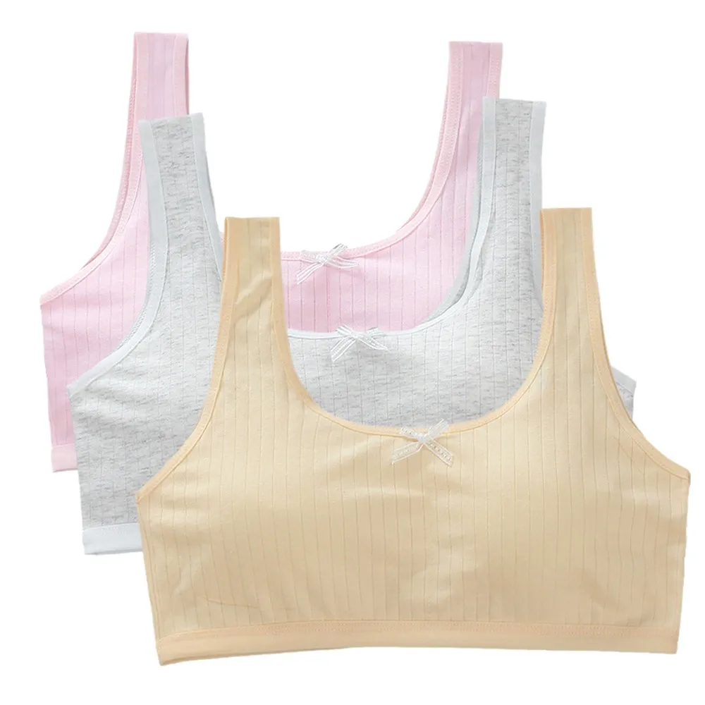 3PCS Training Bra Teen Girls Bras Kids Solid Cotton Bow Bra Underwear Young Children Student Wirefree Sports Bra Tops Lingeries