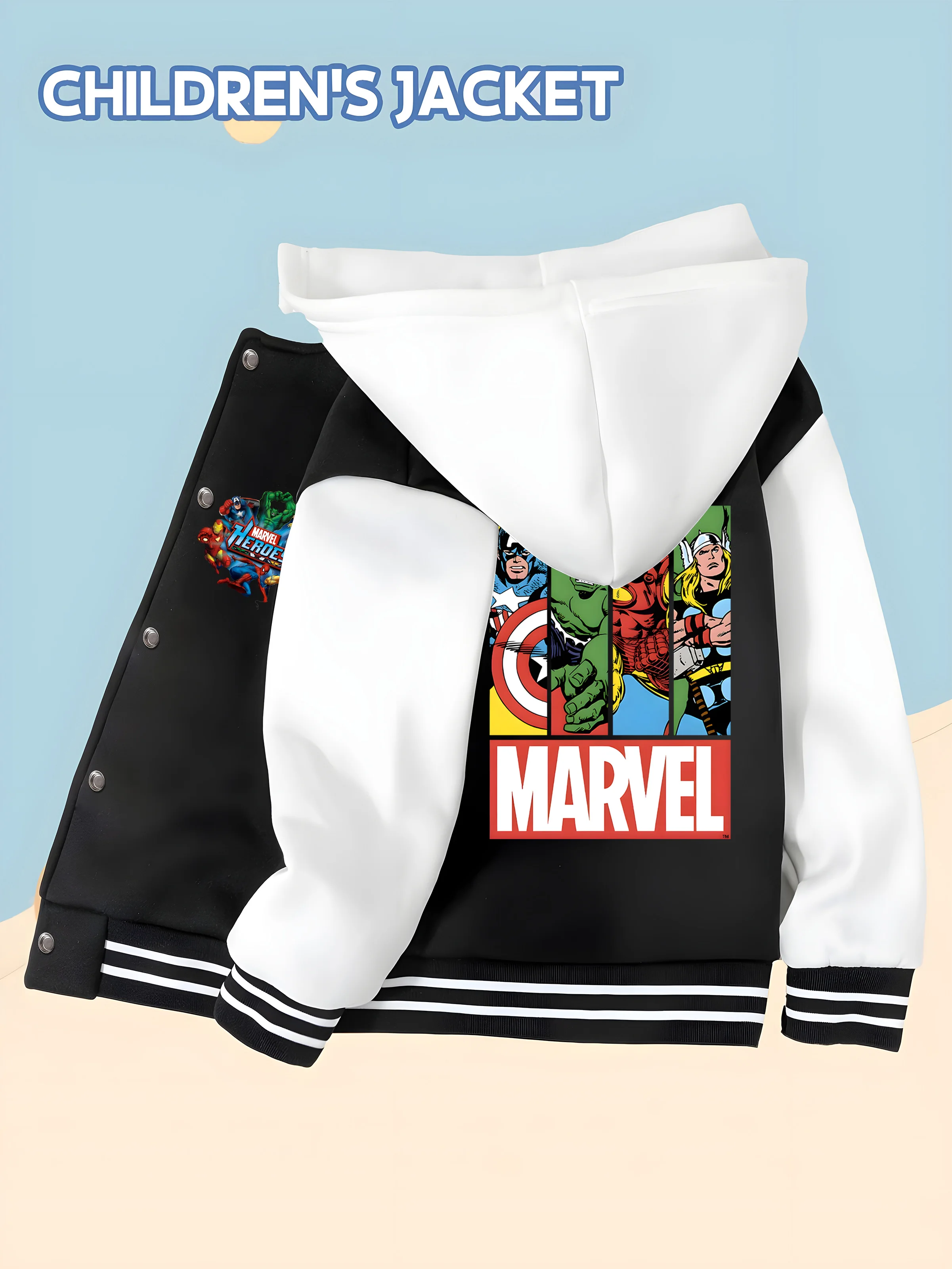 

MINISO Marvel Boys' Baseball Jacket - Avengers Hero Print, Double-sided Pattern, Comfortable Fabric, Black and White, Fashionabl