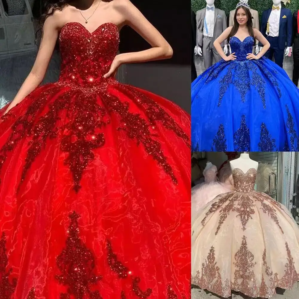 LUCYSHIHATTU Glitter Sequin Lace Patterned Ball Gown Quinceanera Prom Dresses Detachable Juliet Long Sleeves