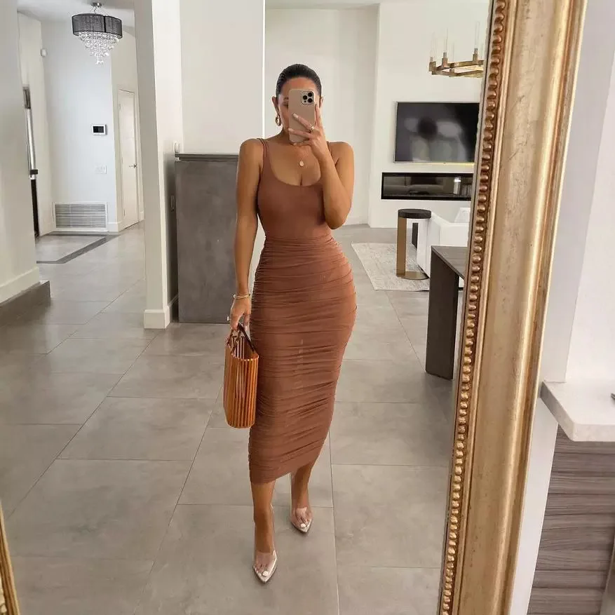 Women's Clothing Summer New Brown Tight Slim Skinny Sleeveless Long Dress O Neck Sexy Dress