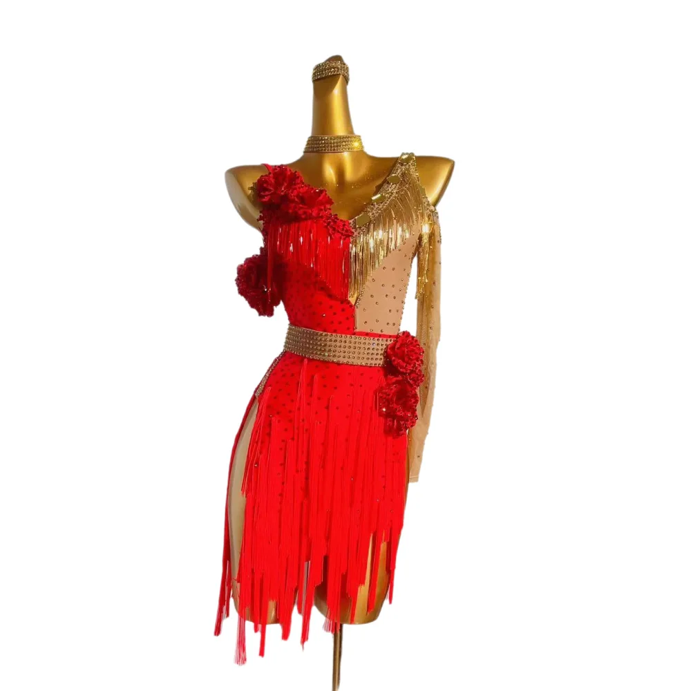 Vestido de dança latina para adultos e crianças, pedra ab, personalizado, flor vermelha, borla, preto, piscina, tango, vestido feminino