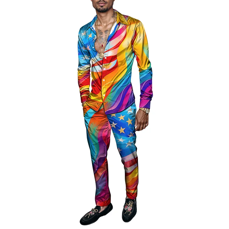 Spring Autumn Colorful Star 3D Print Men Harajuku Clothing Suits Tracksuit Long Sleeve Shirt Long Pants Two Piece Sets Clothing